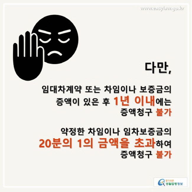 다만, 임대차계약 또는 차임이나 보증금의 증액이 있은 후 1년 이내에는 증액청구 불가하며, 약정한 차임이나 임차보증금의 20분의 1의 금액을 초과하여 증액청구 불가합니다.